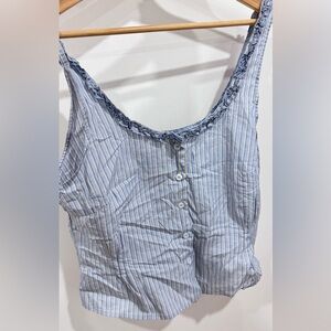 Women’s Blue Striped Ruffle-Trim Button Front Tank